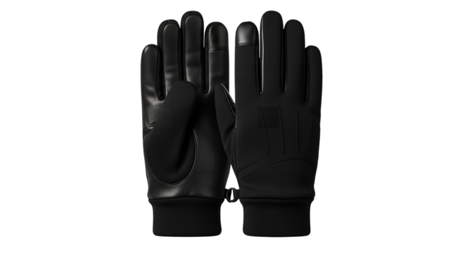 A pair of elegant black winter gloves with touchscreen compatibility, shown from the palm and back view isolated on a transparent background