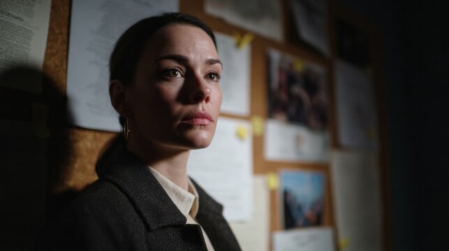 Dark-haired Caucasian woman in contemplative shadows, mystery intrigue board, Solstice reflections, International Detective Day, deductive ambiance
