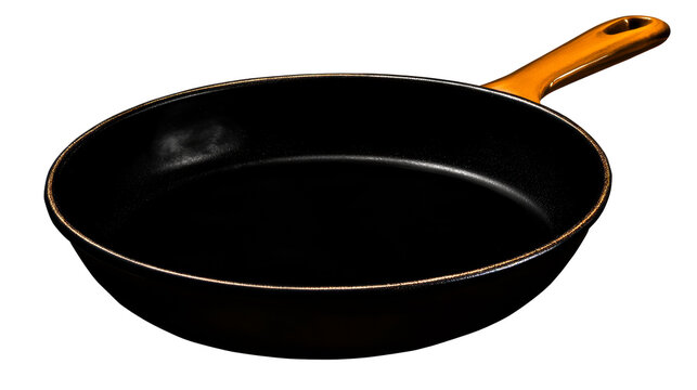 Black Frying Pan with Orange Handle on White
