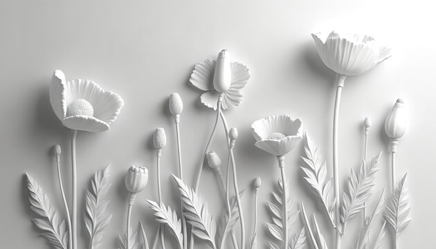 Monochrome floral composition with poppy flowers, leaves. White bas relief design creates delicate artistic texture. Gentle flower arrangement evokes calmness, minimalism. Modern elegant art for - Powered by Adobe