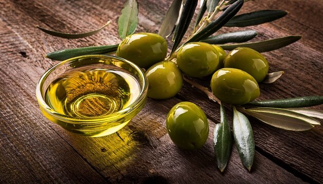 green olives and olive oil on a rustic wooden surface - Powered by Adobe