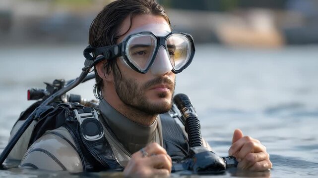 Diving instructor demonstrates how to properly attach a mask while submerged in clear water during a practical training session