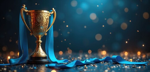 Gold trophy with blue ribbons on a dark background. Editorial illustration depicts achievement victory recognition. Perfect image for award ceremony competition success or celebration event.