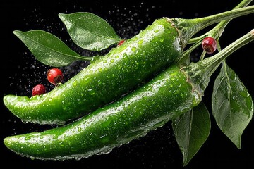 Abstract Fresh Green Chili Peppers With Water Droplets