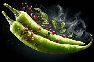 Abstract Fresh Green Chili Peppers With Spices