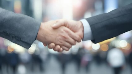 Businessmen engage in firm handshake during successful business meeting in a bustling urban environment - Powered by Adobe