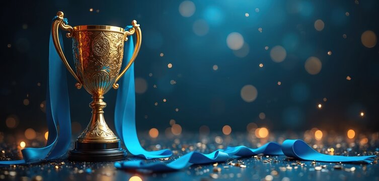 Gold trophy with blue ribbons on a dark background. Editorial illustration depicts achievement victory recognition. Perfect image for award ceremony competition success or celebration event.