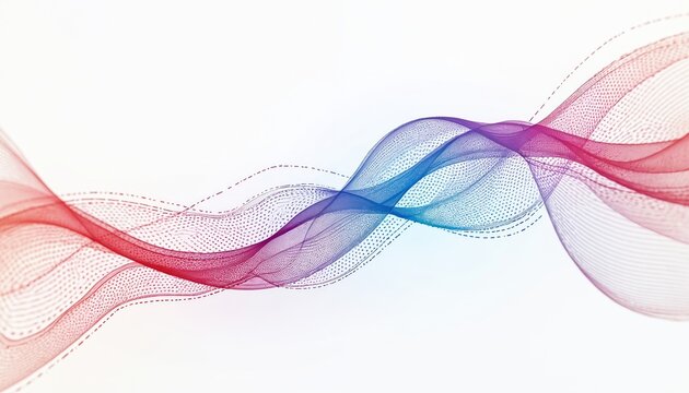 Abstract colorful wavy lines with dotted patterns flow across a white background. This modern graphic design transitions from red to blue, suggesting movement and digital art.