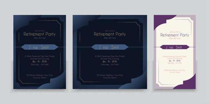 Traditional Happy retirement party celebration flyer design, social media post, greeting, invitation, event, a4 templates bundle.