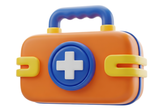 Orange and blue first aid kit with a white cross symbol isolated on transparent background