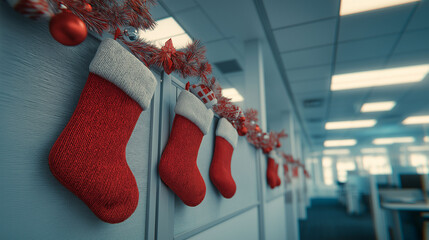 Festive Office Cheer: Cozy red Christmas stockings adorn a sleek office wall, alongside sparkling ornaments and festive garlands, creating a heartwarming holiday ambiance. 