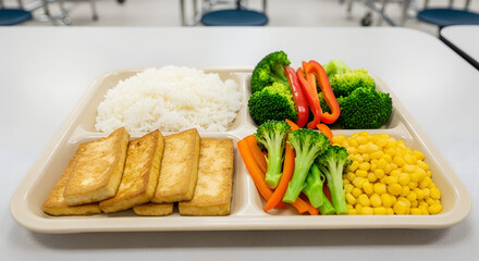 Healthy school lunch tray with rice, tofu, and mixed vegetables  