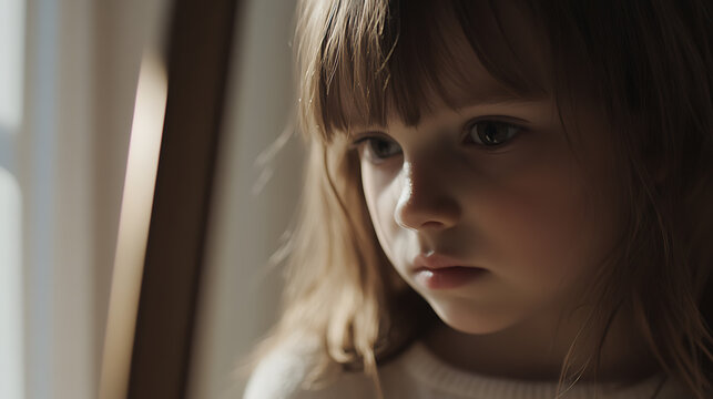 A young girl with a contemplative gaze sits by a sunlit window, her long brown hair cascading around her face. She is wearing a light sweater and appears deep in thought.
