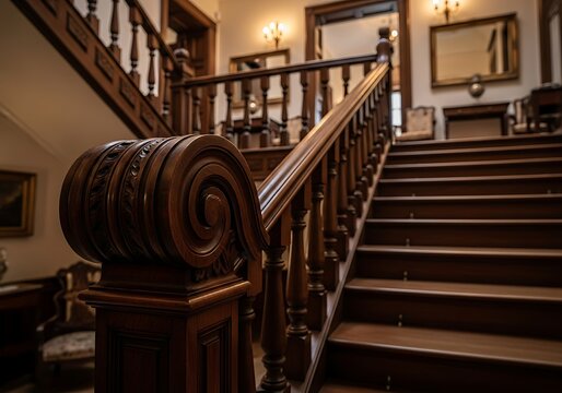 Elaborate wooden staircase showcasing detailed craftsmanship design