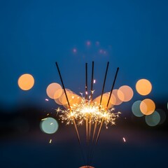 Sparklers glittering brightly against a bokeh background at dusk
