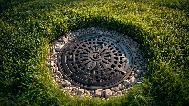 Metal manhole cover surrounded by green grass and small stones in sunlight showing urban drainage design and outdoor infrastructure concept
