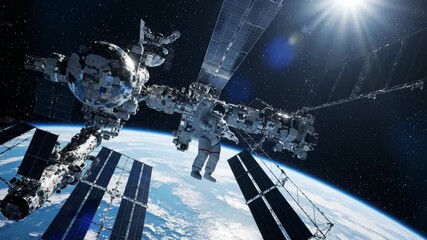 Astronaut floating near the International Space Station, suitable for educational use in 4K