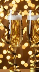 Two champagne glasses with golden streamers and festive bokeh lights, perfect for new year or celebration