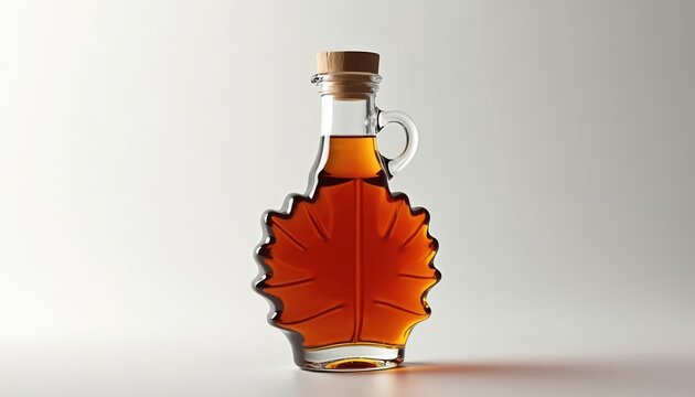Glass bottle shaped like maple leaf contains amber syrup. Cork stopper seals container. Unique liquid product rests on white backdrop. Natural sweetener for breakfast.