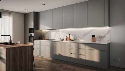 Sophisticated Contemporary Kitchen with Matte Grey Cabinetry, Calacatta Marble Backsplash, and Dark Wood Breakfast Bar; Ideal for luxury real estate marketing, and interior design portfolios