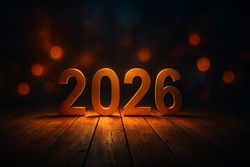 Golden 2026 new year celebration lights on wooden floor
