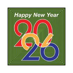 Happy New Year 2026 Greeting Card with Colorful Typography and Green Tunnel Background