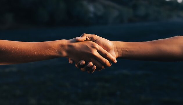 Two hands shaking in half-light on dark moody background, symbol of cooperation, trust, partnership, and agreement.