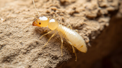 Macro close-up of a subterranean termite soldier on soil. It has a creamy white body, prominent mandibles, and long antennae. The detailed focus shows the insect's texture and anatomy.