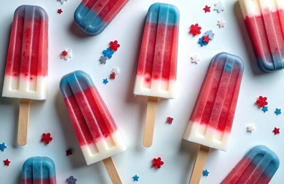 Several red white, blue popsicles on sticks laid out on white surface. Small star shaped sprinkles in red white, blue colors scattered around frozen treats. Sweet treat represents American