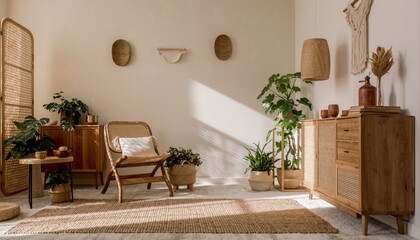 Serene Japandi-Style Living Space with Rattan Accent Chair, Natural Oak Sideboard, and Lush Indoor Plants; Ideal for sustainable home decor blogs, and minimalist interior design portfolios