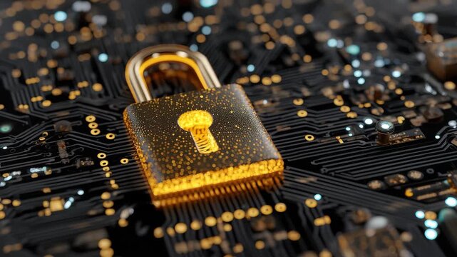 Glowing padlock symbolizing digital security on a circuit board with intricate electronic connections illuminated