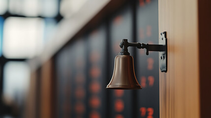 Close-up of a brass bell mounted on a wooden panel with dark metal hardware. The bell is the focal point, with blurred numeric displays in the background, highlighting its vintage charm.