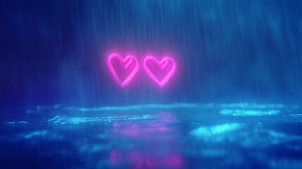 Vibrant pink neon hearts gently glow amidst a dreamy rainy dark blue atmosphere reflecting