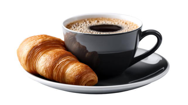Dark Ceramic Coffee Cup with Croissant on Saucer - Powered by Adobe