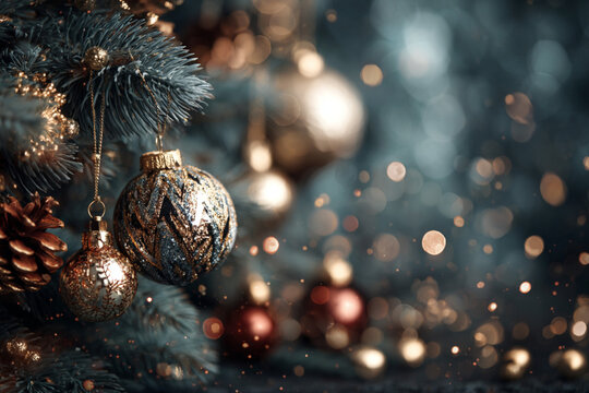 Close-Up of Christmas Tree Branch with Golden and Red Baubles, Pinecone, and Warm Twinkling Bokeh Lights