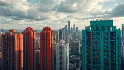 Modern city skyline with tall residential and commercial skyscrapers under dramatic cloudy sky during golden hour urban architectural view - Powered by Adobe