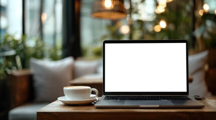 Modern Laptop Computer with Blank Screen and Coffee Cup on Wooden Table in Cozy Cafe Setting