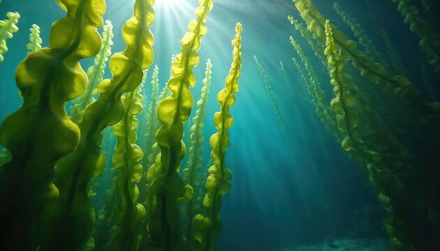 Underwater view of giant kelp forest swaying in blue ocean. Sun rays shine through green seaweed leaves. Sunlight pierces water, illuminating marine plants. Tranquil aquatic scene in deep sea - Powered by Adobe