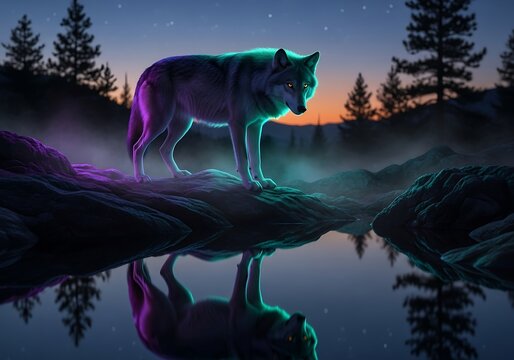 Mystical wolf reflecting on twilight waters, bathed in neon luminescence