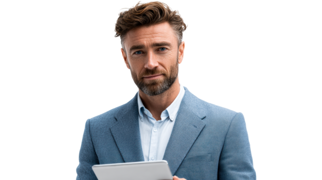 Professional Man with Beard Holding Tablet Computer - Powered by Adobe