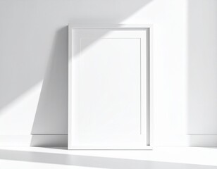 Blank Panoramic Photo Frame Mockup: Wide Ratio Leaning on White Wall. Minimalist Landscape Art Display