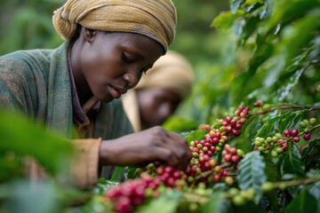 cimmerian coffee farm in kigali, rwanda, featuring a group of african female workers picking red coffee beans in the field with green hills in the background. 