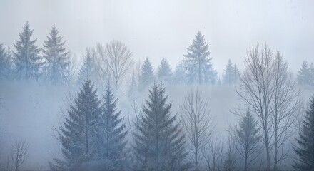 Foggy Winter Forest with Atmospheric Layers of Evergreen Trees Fading into Mist and Mysterious Light