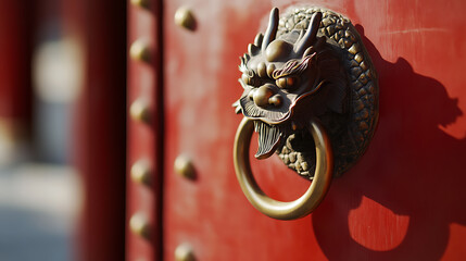 An intricately designed dragon head door knocker on a vibrant red door, showcasing traditional craftsmanship and cultural symbolism with its ornate details and inviting appeal.