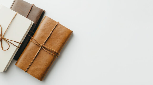 Vintage leather journals in various colors arranged neatly on white background, showcasing their elegant design and texture