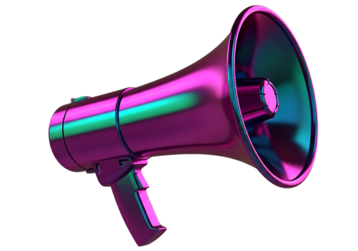 Shiny metallic megaphone with vibrant pink and teal reflections isolated on transparent background - Powered by Adobe
