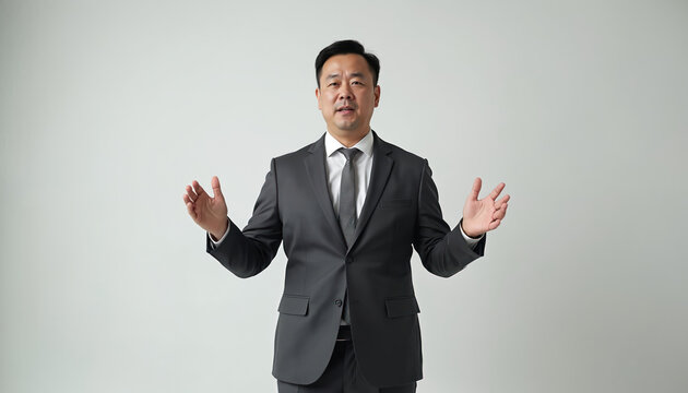 Asian businessman explains shows size with hands. Male presenter wears dark suit, tie, shirt. Man explains project. Presentation studio shot isolated on background. Leadership concept demonstrates - Powered by Adobe