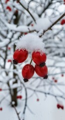 Bright Red Winterberries and Rose Hips on Snow Covered Branches with Macro Detail and Contrasting Colors