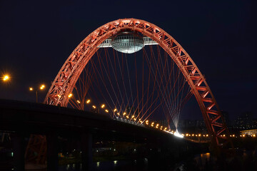 Zhivopisniy Cable-stayed bridge through the Moscow river with lighting night view close up