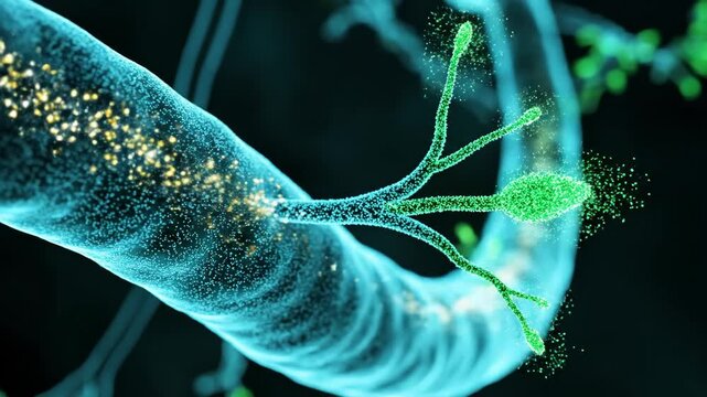 Cinematic macro 3D animation of an emerald-green capillary sprout growing from an established vessel.